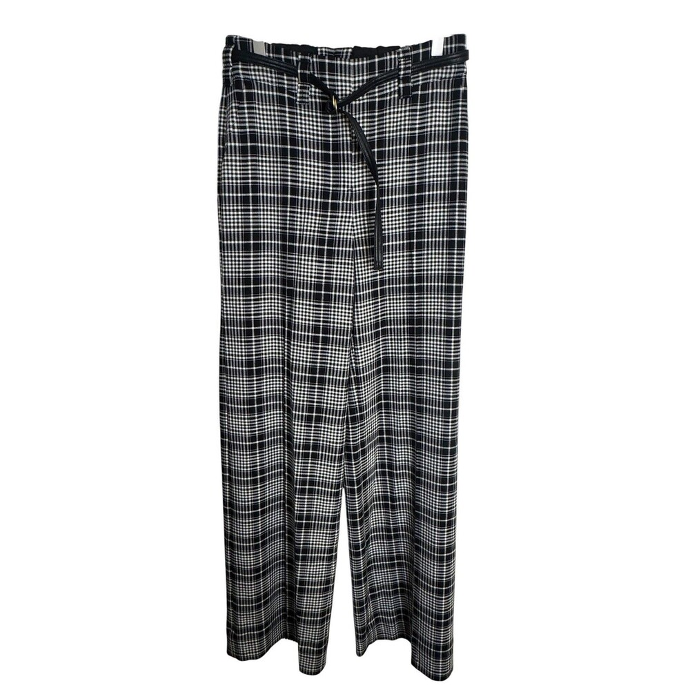 Tanya Taylor Sawyer Pants Womens 2 Black White Plaid Tweed Wide Leg Belted Lined